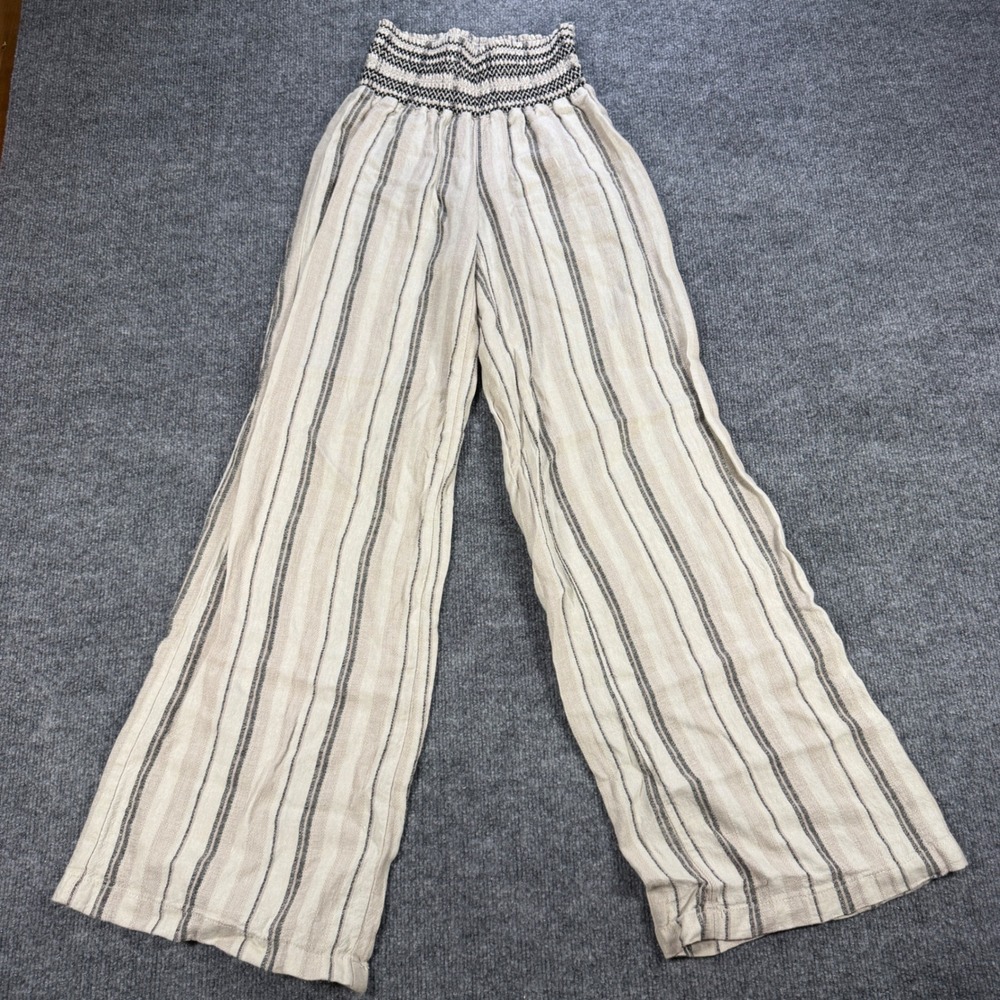 Boho Festival Rewash Linen Blend Striped Wide Leg Pants Smocked Waist Cream XS